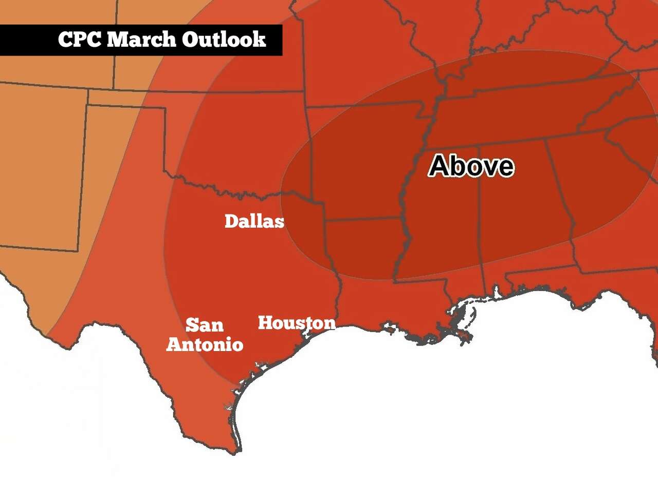 Shown is the Climate Prediction Center's March outlook, which shows that above-average temps are favored across Texas.