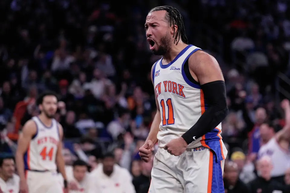 New York Knicks' Jalen Brunson reacts after drawing a foul during the first half of an NBA basketball game against the San Antonio Spurs Sunday, March 1, 2026, in New York. (AP Photo/Seth Wenig)