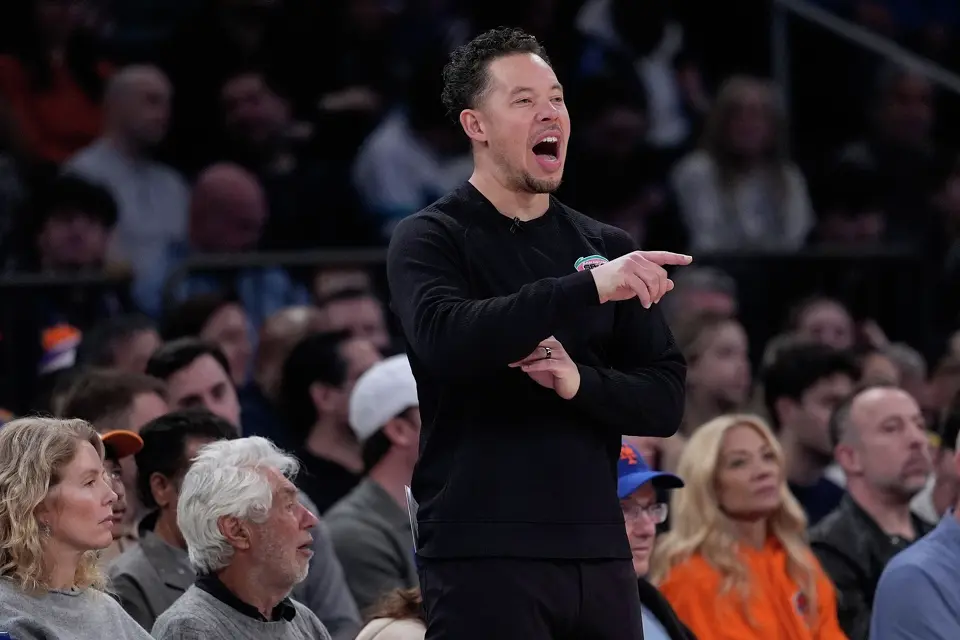 San Antonio Spurs' Mitch Johnson yells during the first half of an NBA basketball game against the New York Knicks Sunday, March 1, 2026, in New York. (AP Photo/Seth Wenig)