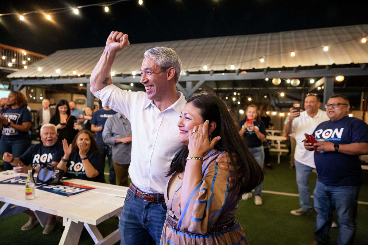 Former mayor Ron Nirenberg and his wife Erika Prosper react to initial results for the Democratic primary for Bexar County Judge during a watch party at Backyard on Broadway in San Antonio on Tuesday, March 3, 2026.