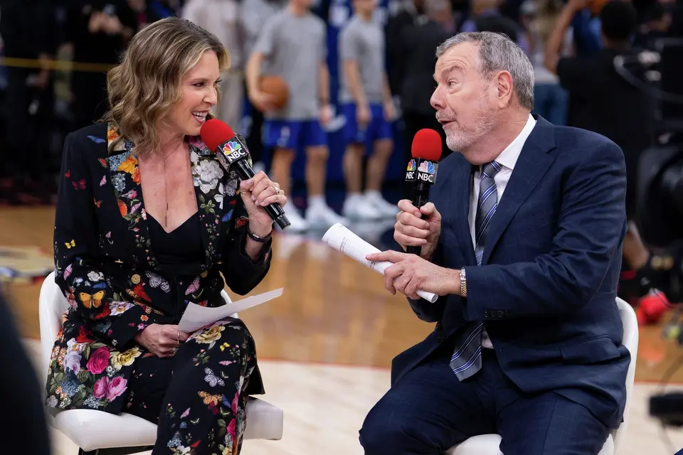 NBC NBA studio team of Hannah Storm, left, and PJ Carlesimo talk about the upcoming NBA basketball game between the San Antonio Spurs and the Philadelphia 76ers, Tuesday, March 3, 2026, in Philadelphia. (AP Photo/Chris Szagola)