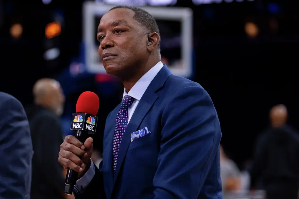 Former NBA player and NBC analyst Isiah Thomas looks on prior to an NBA basketball game between the San Antonio Spurs and the Philadelphia; 76ers, Tuesday, March 3, 2026, in Philadelphia. (AP Photo/Chris Szagola)