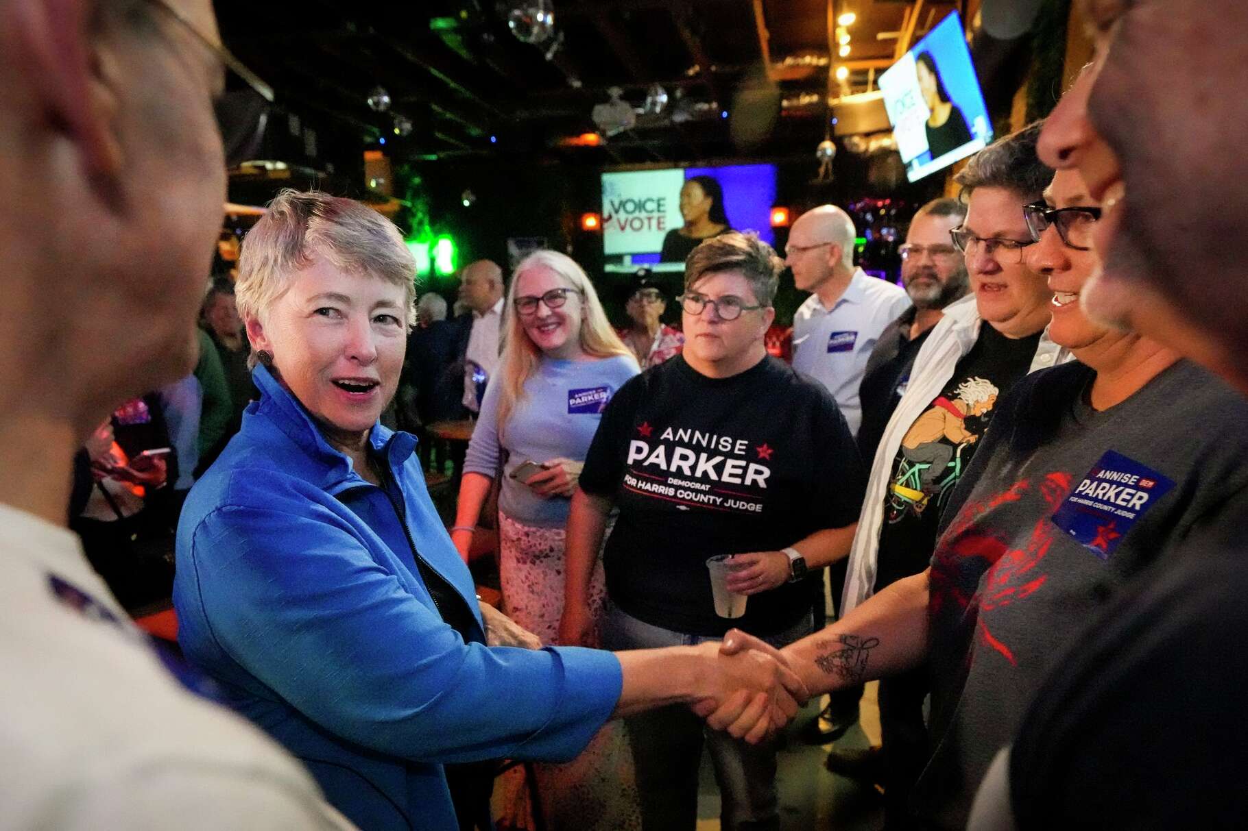 Democrat Annise Parker, who is running in the primary election for her party's nomination for Harris County Judge, greets her supporters as she arrives to an election night watch party in Houston, Tuesday, March 3, 2026.
