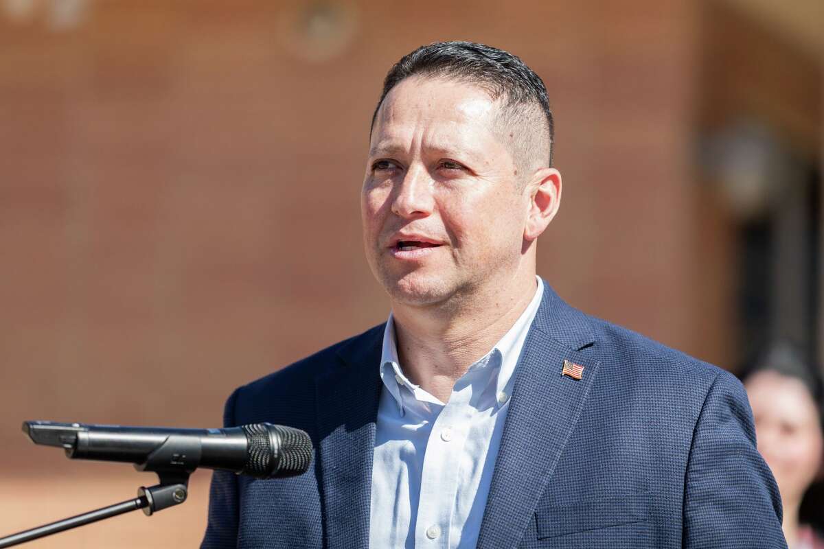 Rep. Tony Gonzales, R-Texas, speaks during a news conference about school safety enhancements at North East Independent School District in front of the new Wilshire Safety Training Center Friday, Feb. 6, 2026. (Blaine Young/The San Antonio Express-News via AP)