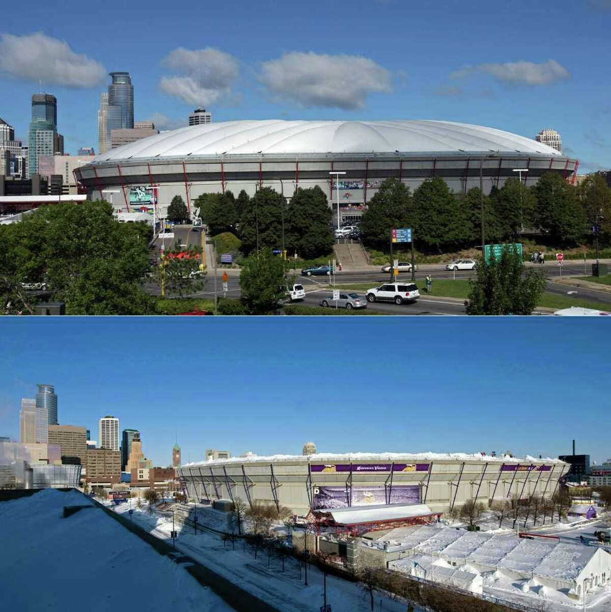 MINNEAPOLIS, MN - DECEMBER 12: This photo composite shows Hubert H. Humphrey Metrodome, Mall of America Stadium before (above) and after it's inflatable roof collapsed under the weight of snow and during a storm Sunday morning December 12, 2010 in Minneapolis, Minnesota. A blizzard dumped more than 20 inches of snow in parts of the Midwest forcing the NFL football game between the New York Giants and the Minnesota Vikings to be postponed till Monday and will be played in Detroit's Ford Field. There were no injuries reported from the collapse of the dome. (Photos by Doug Pensinger (above) and Tom Dahlin/Getty Images)
