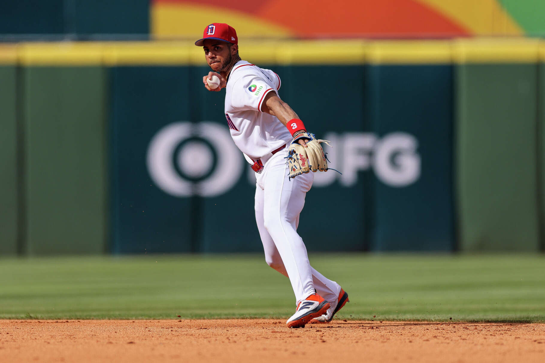 Jeremy  Peña of the Dominican Republic throws the ball during the third inning of an exhibition game against the Detroit Tigers at Estadio Quisqueya on March 04, 2026 in Santo Domingo, Dominican Republic. 