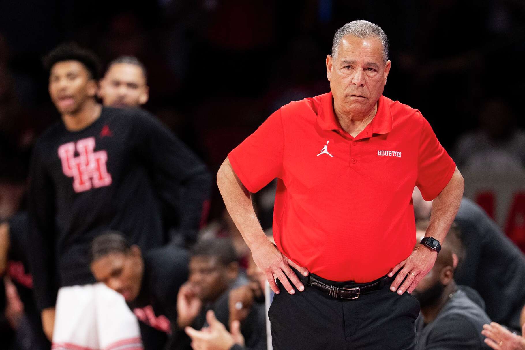 Houston Cougars head coach Kelvin Sampson is seen during the first half a NCAA college basketball game in Houston, Wednesday, March 4, 2026.
