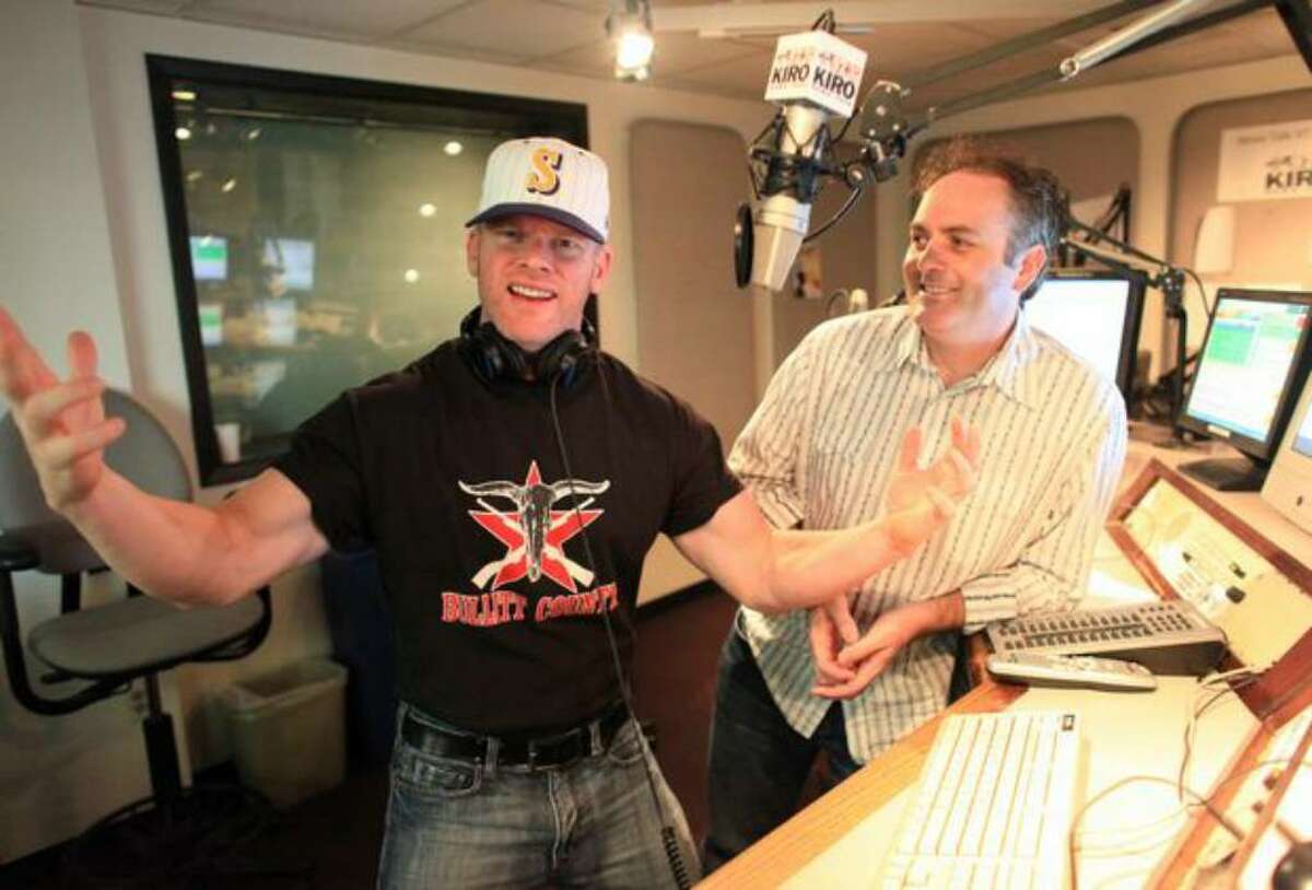 KIRO-FM radio talkshow hosts Don O'Neill and Ron Upshaw shown in their studio in Seattle.