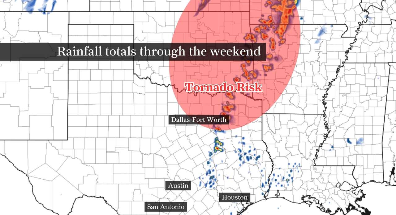 This map of Texas shows forecast storms Friday, with the greatest tornado risk shaded in red across North Texas from Dallas-Fort Worth to Texarkana.
