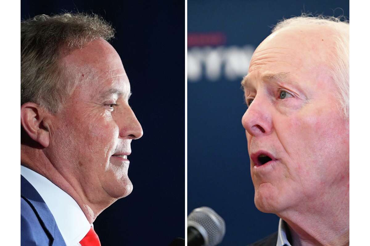 FILE - This photo combination shows Texas Attorney General Ken Paxton, left, in Dallas and Sen. John Cornyn, R-Texas, in Austin, Texas, both on March 3, 2026. (AP Photo/Julio Cortez, Jack Myer)