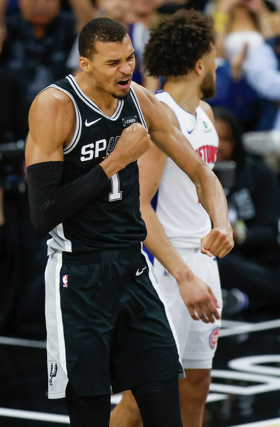 San Antonio Spurs forward Victor Wembanyama (1) celebrates after scoring against the Pistons at Frost Bank Center in San Antonio, Thursday, March 5, 2026.