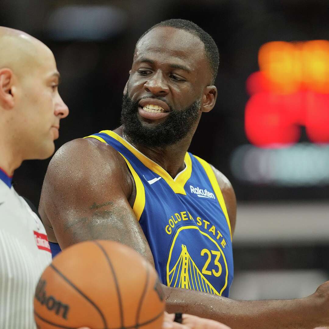 Golden State Warriors forward Draymond Green (23) complains about a foul call as the team takes on the Houston Rockets at the Toyota Center in Houston on Thursday, March 5, 2026. Golden State Warriors won the game in overtime 115-113.