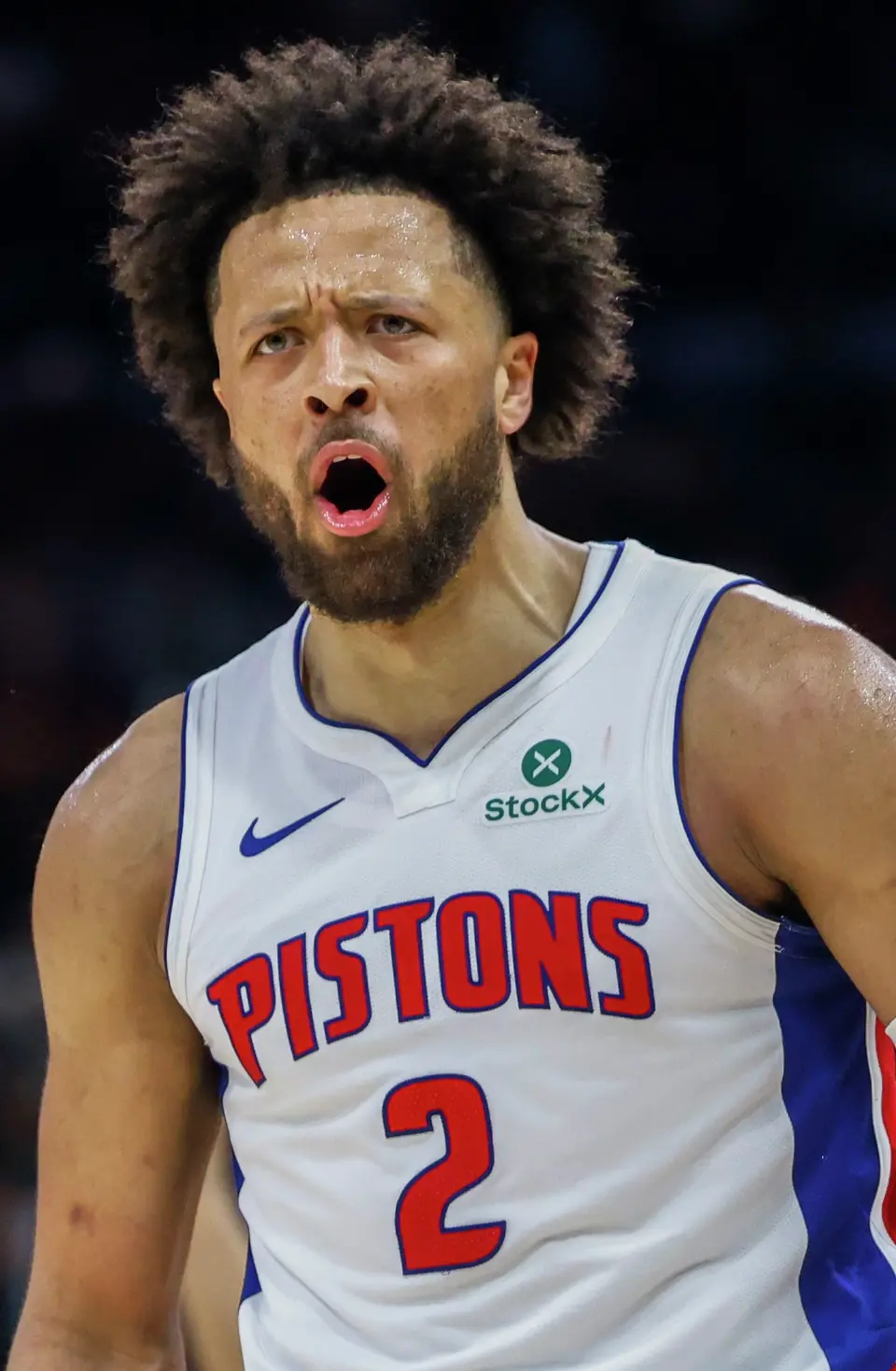 Detroit Pistons guard Cade Cunningham (2) reacts after a foul at Frost Bank Center in San Antonio, Thursday, March 5, 2026. The Spurs defeated the Pistons, 121-106.