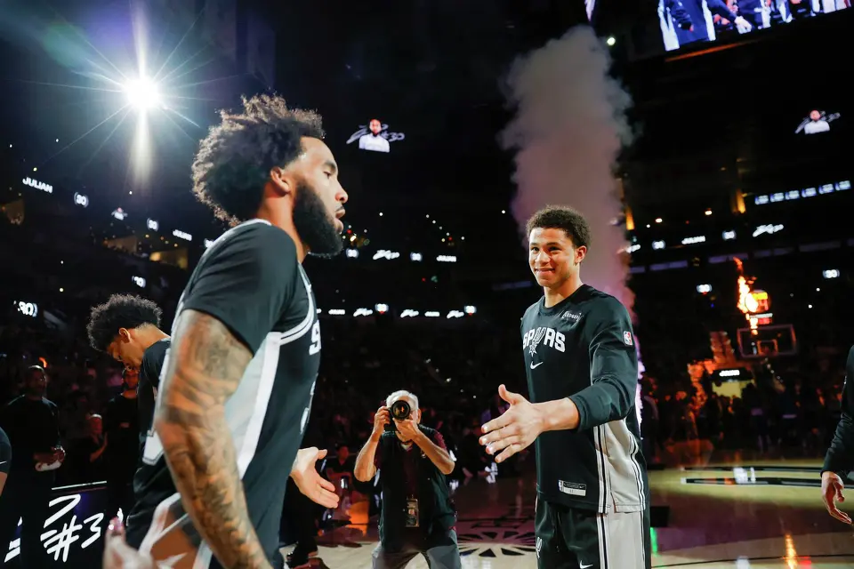 The Spurs take the court at Frost Bank Center in San Antonio, Thursday, March 5, 2026. The Spurs defeated the Pistons, 121-106.