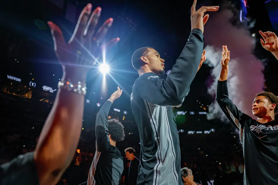 San Antonio Spurs forward Victor Wembanyama (1) walks out onto the court at Frost Bank Center in San Antonio, Thursday, March 5, 2026. The Spurs defeated the Pistons, 121-106.