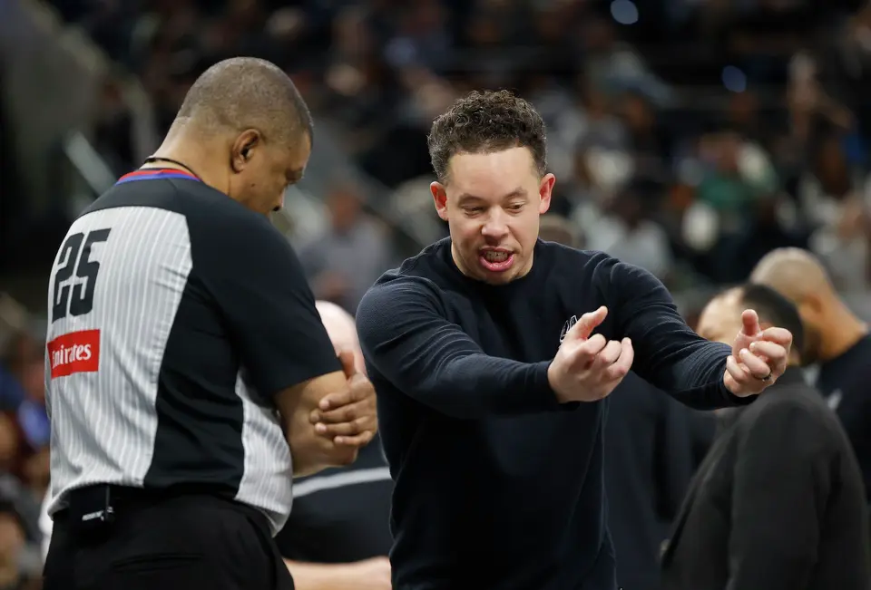 Spurs head coach Mitch Johnson at Frost Bank Center in San Antonio, Thursday, March 5, 2026. The Spurs defeated the Pistons, 121-106.