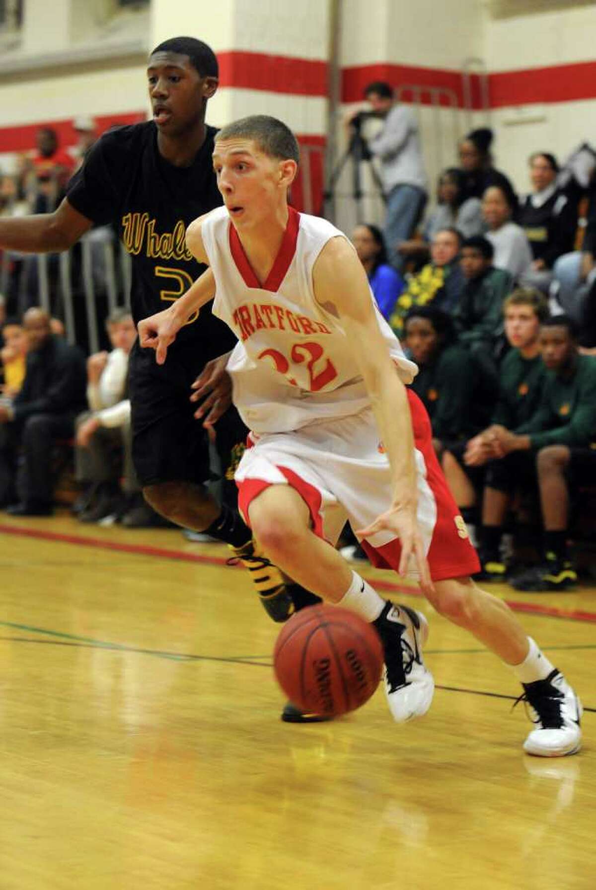 Stratford's Tom Bajda controls the ball during Wednesday's game against New London at Stratford High School on December 15, 2010.