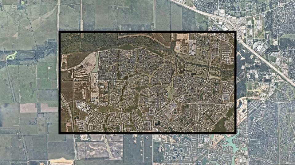 Aerial images of the Bridgeland master-planned community in Cypress, showing a 2025 image transposed over a 2016 photo.