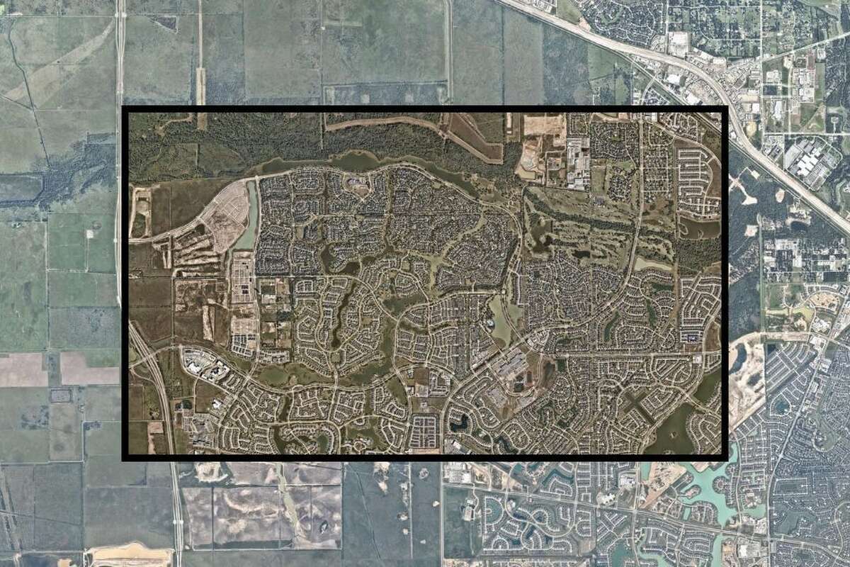 Aerial images of the Bridgeland master-planned community in Cypress, showing a 2025 image transposed over a 2016 photo. 