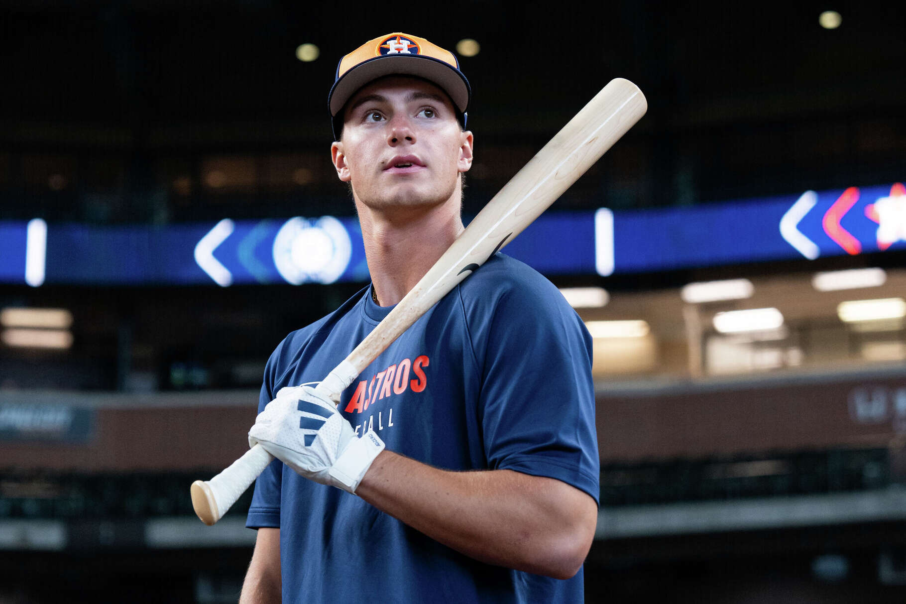 The Houston Astros 2025 first round draft pick, Xavier Neyens, takes batting practice before a game against the Seattle Mariners at Daikin Park on September 19, 2025 in Houston, Texas. 