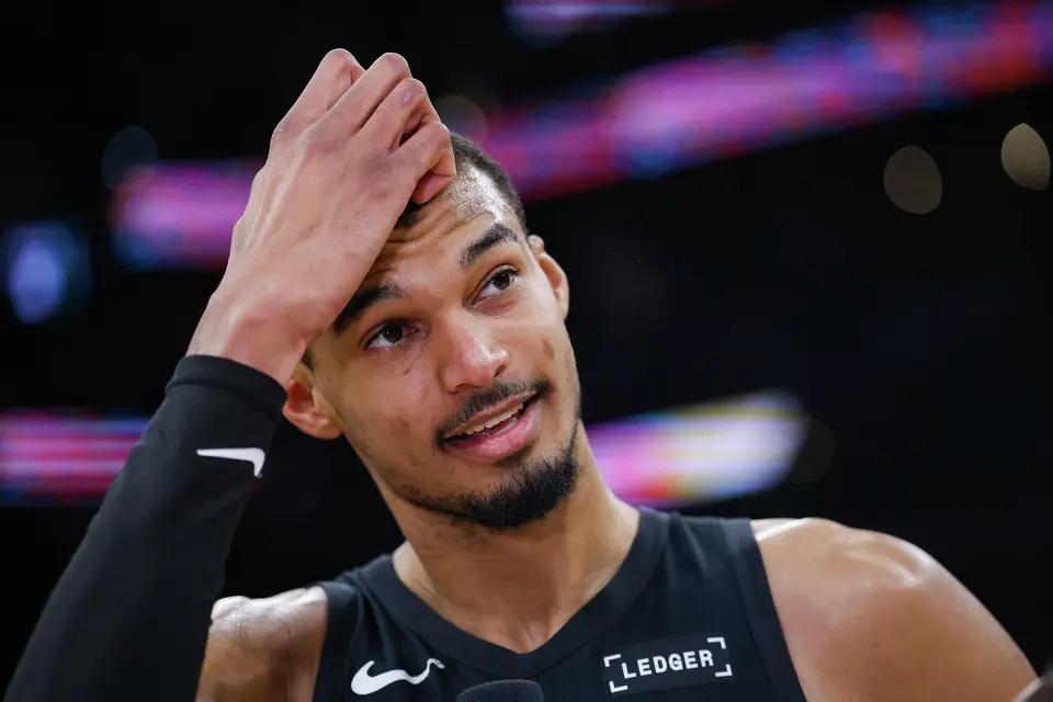 San Antonio Spurs forward Victor Wembanyama (1 reflects on his team’s comeback victory over the LA Clippers during an interview with ESPN at Frost Bank Center in San Antonio, Friday, March 6, 2026. The Spurs rallied from a 25-point deficit to defeat the Clippers, winning the game 116-112.