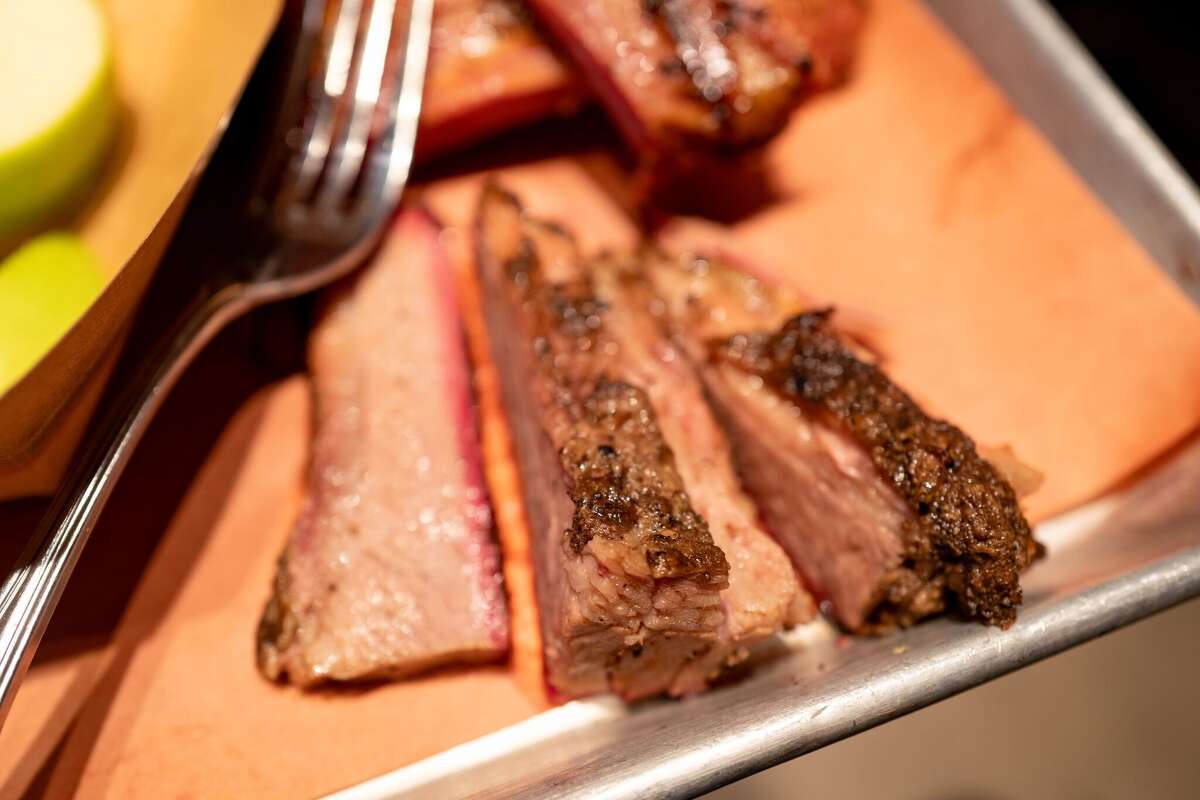 Close-up of barbecued brisket at Hazy Barbecue restaurant in Danville, California, June, 2024. (Photo by Smith Collection/Gado/Getty Images)