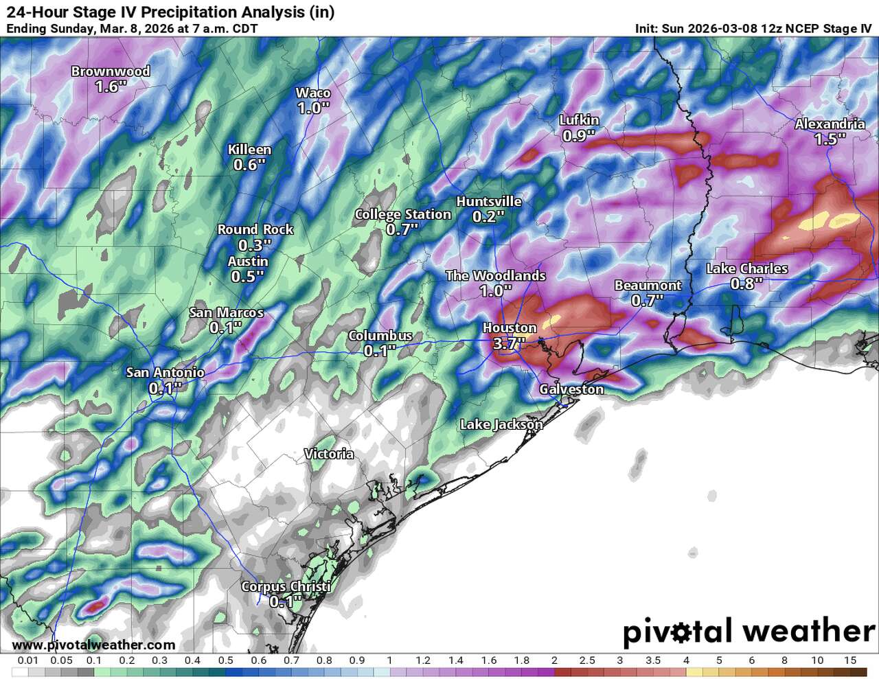 This map of Southeast Texas shows radar-estimated rainfall between 7 a.m. Saturday and 7 a.m. Sunday. Houston recorded its single rainiest day since October on Saturday when 2.29 inches fell at Houston's Bush Intercontinental Airport.