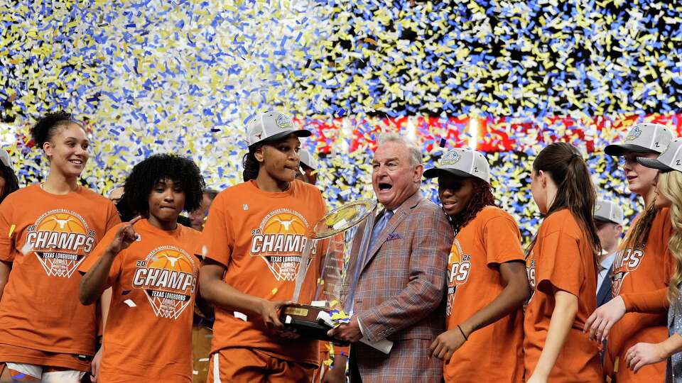 Texas celebrates after their win against South Carolina in an NCAA college basketball game in the final of the Southeastern Conference tournament, Sunday, March 8, 2026, in Greenville, S.C.