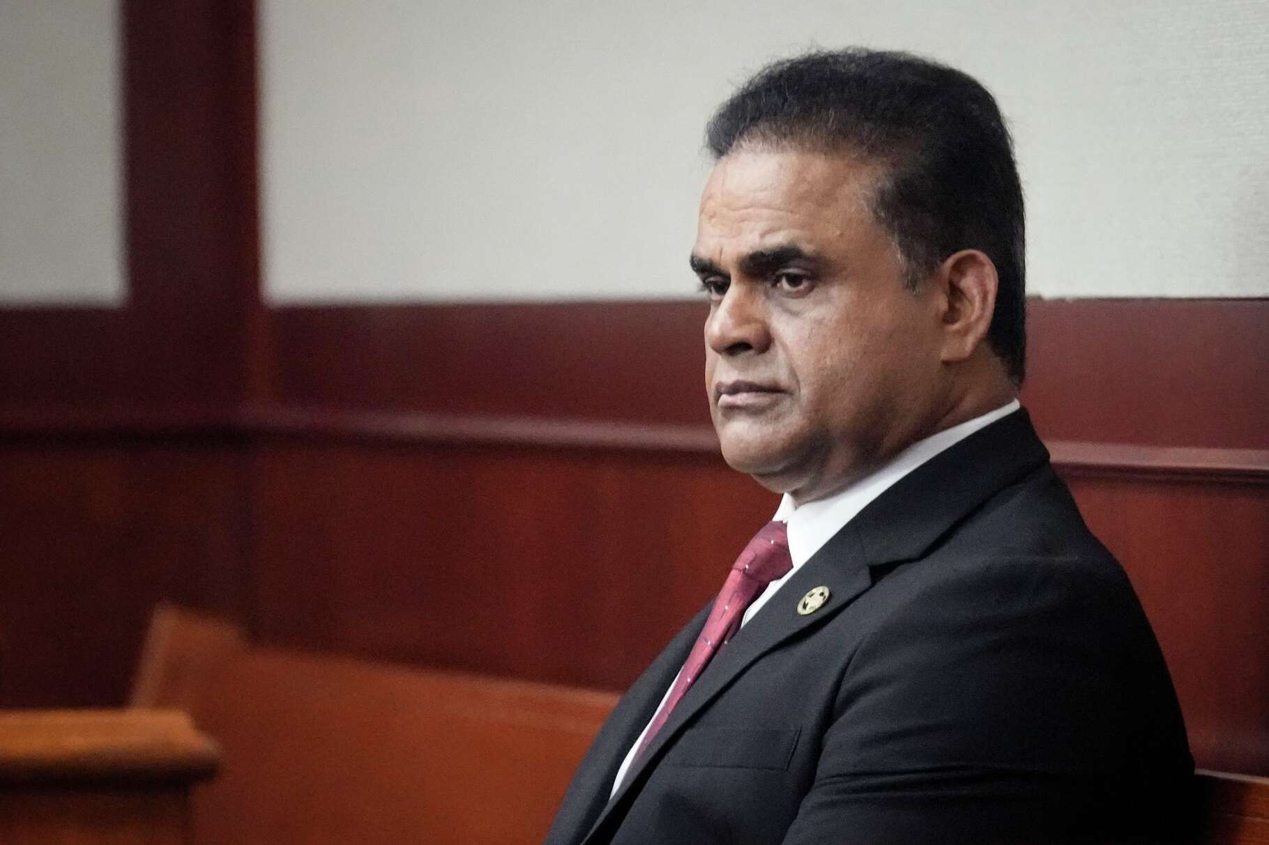 Fort Bend County Judge KP George sits in the courtroom before jury selection in his trial on felony money laundering charges at the Fort Bend County Justice Center in Richmond, Tuesday, March 10, 2026.