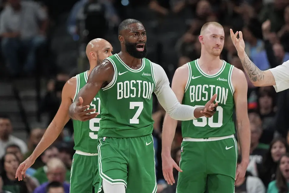 Boston Celtics guard Jaylen Brown (7) argues a call during the first half of an NBA basketball game against the San Antonio Spurs in San Antonio, Tuesday, March 10, 2026.