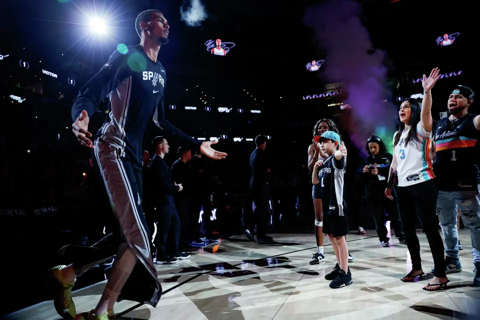 San Antonio Spurs forward Victor Wembanyama (1) is announced as a starter against the Boston Celtics at Frost Bank Center in San Antonio, Tuesday, March 10, 2026. The Spurs defeated the Celtics 125-116.