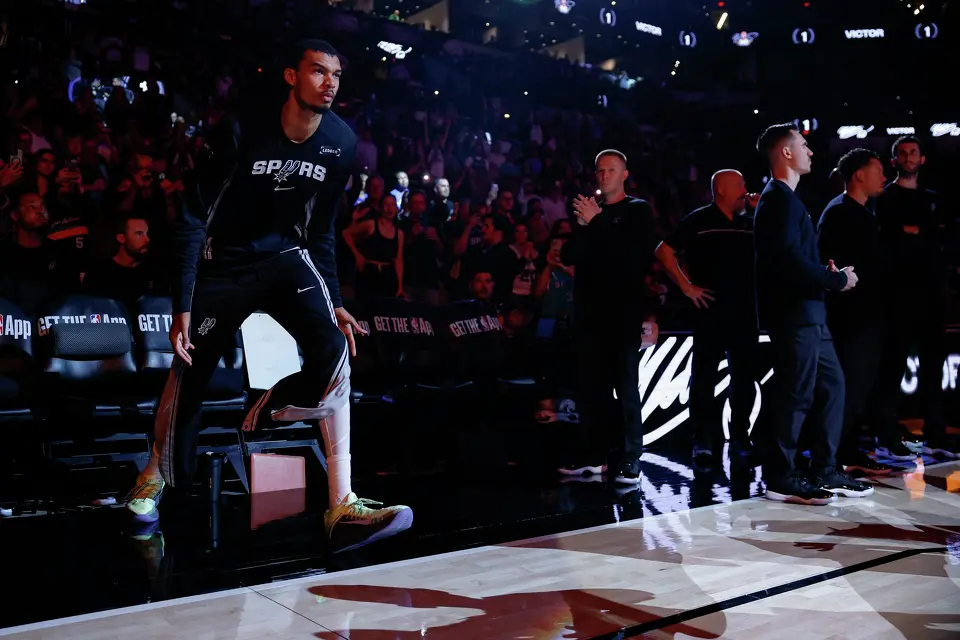 San Antonio Spurs forward Victor Wembanyama (1) is announced as a starter against the Boston Celtics at Frost Bank Center in San Antonio, Tuesday, March 10, 2026. The Spurs defeated the Celtics 125-116.