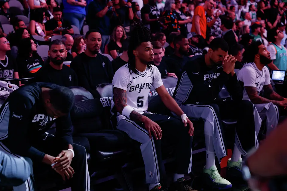 San Antonio Spurs guard De'aaron Fox (4), from left, guard Stephon Castle (5), forward Victor Wembanyama (1) and forward Julian Champagnie (30) prepare to be announced as starters against the Boston Celtics at Frost Bank Center in San Antonio, Tuesday, March 10, 2026. The Spurs defeated the Celtics 125-116.