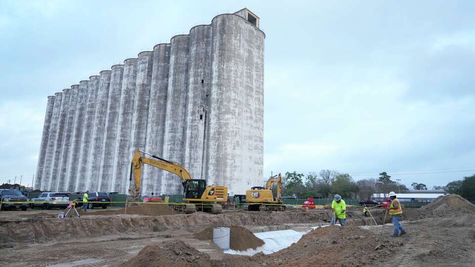 Construction at the site of the landmark Shadowdale grain silos in west Houston is shown as the area is being redeveloped by Moody National Companies into 'Silo Village,' a 17-acre mixed-use project at 1235 Shadowdale Drive shown Wednesday, March 11, 2026.