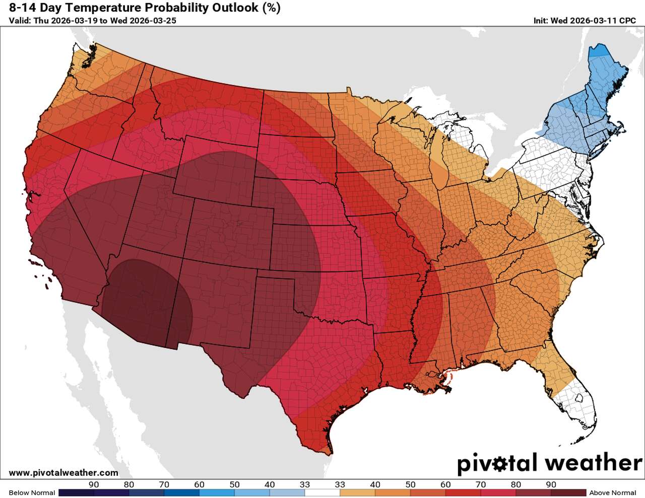 The Climate Prediction Center's temperature outlook through March 25 shows above-normal temperatures (orange and red) across much of the U.S., despite a few cooler days through early next week.
