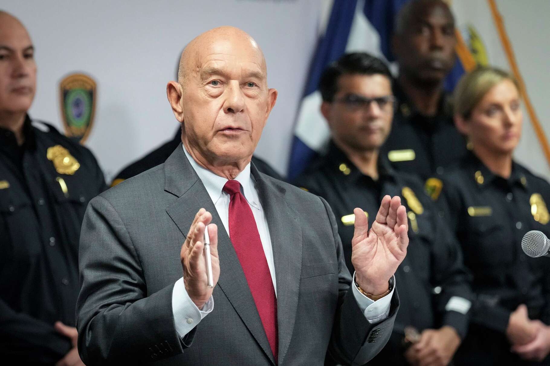 Mayor John Whitmire speaks to the media about the city’s immigration policies, after reports that at least two officers violated policies by transporting people to ICE, during a news conference at HPD headquarters in Houston, Wednesday, March 11, 2026.