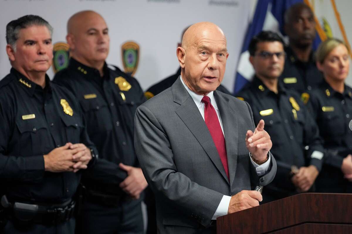 Mayor John Whitmire speaks to the media about the city's immigration policies, after reports that at least two officers violated policies by transporting people to ICE, during a news conference at HPD headquarters in Houston, Wednesday, March 11, 2026.