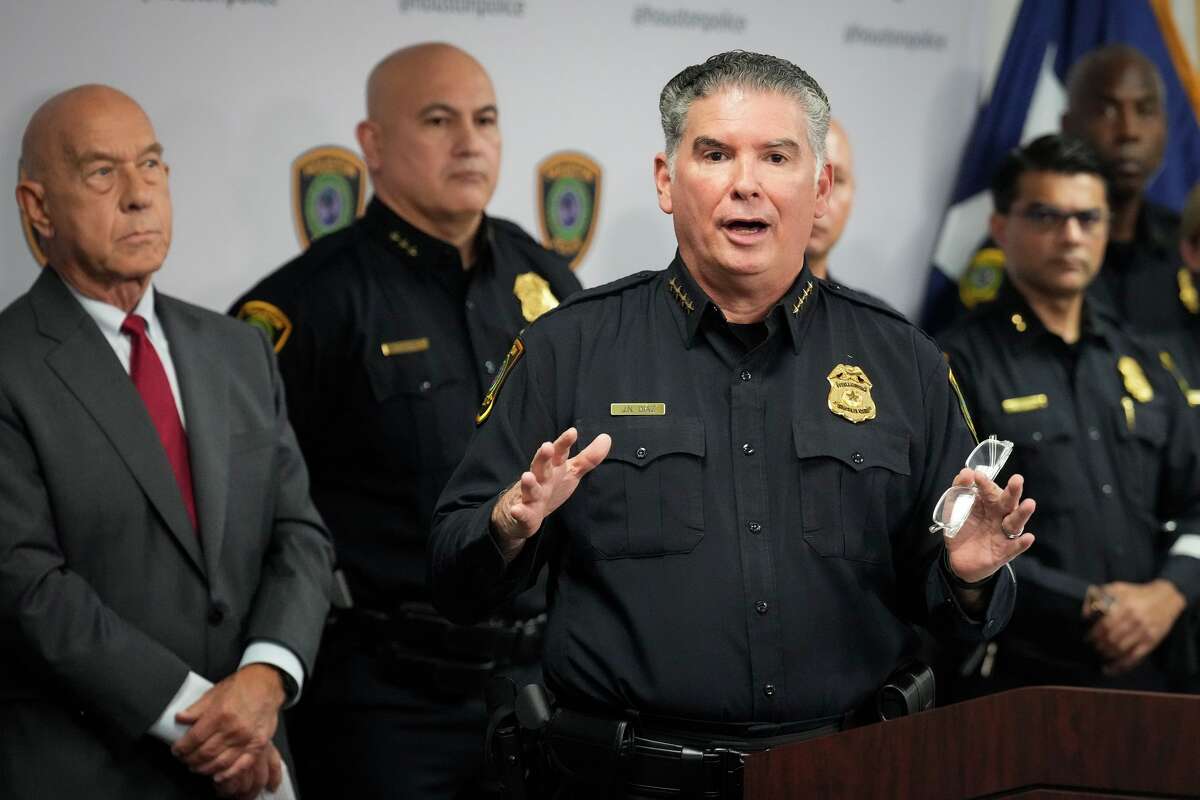 Houston Police Chief Noe Diaz speaks to the media about the city's immigration policies, after reports that at least two officers violated policies by transporting people to ICE, during a news conference at HPD headquarters in Houston, Wednesday, March 11, 2026.