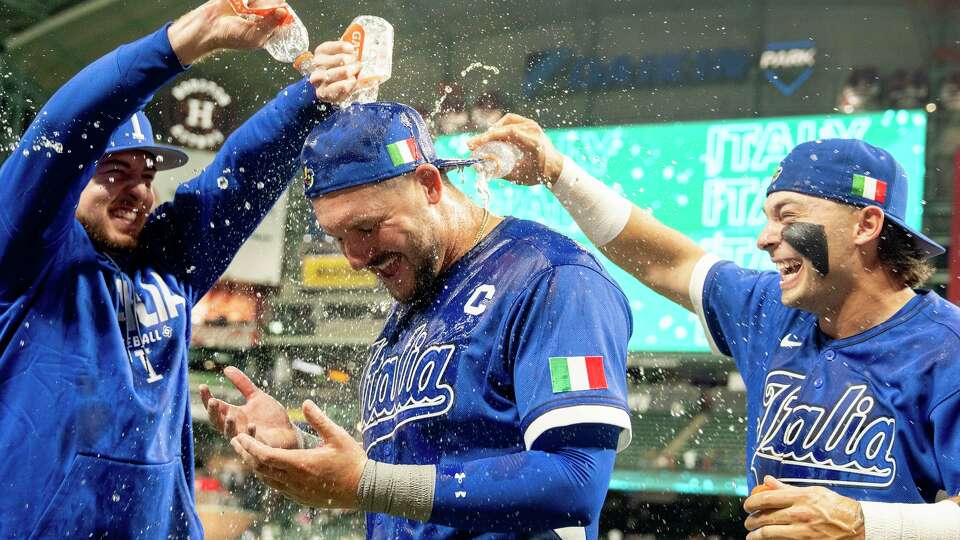 Vinnie Pasquantino is doused with water after his three-run performance game Italy a 9-1 win over Mexico during a World Baseball Classic game, Wednesday, March 11, 2026, in Houston.
