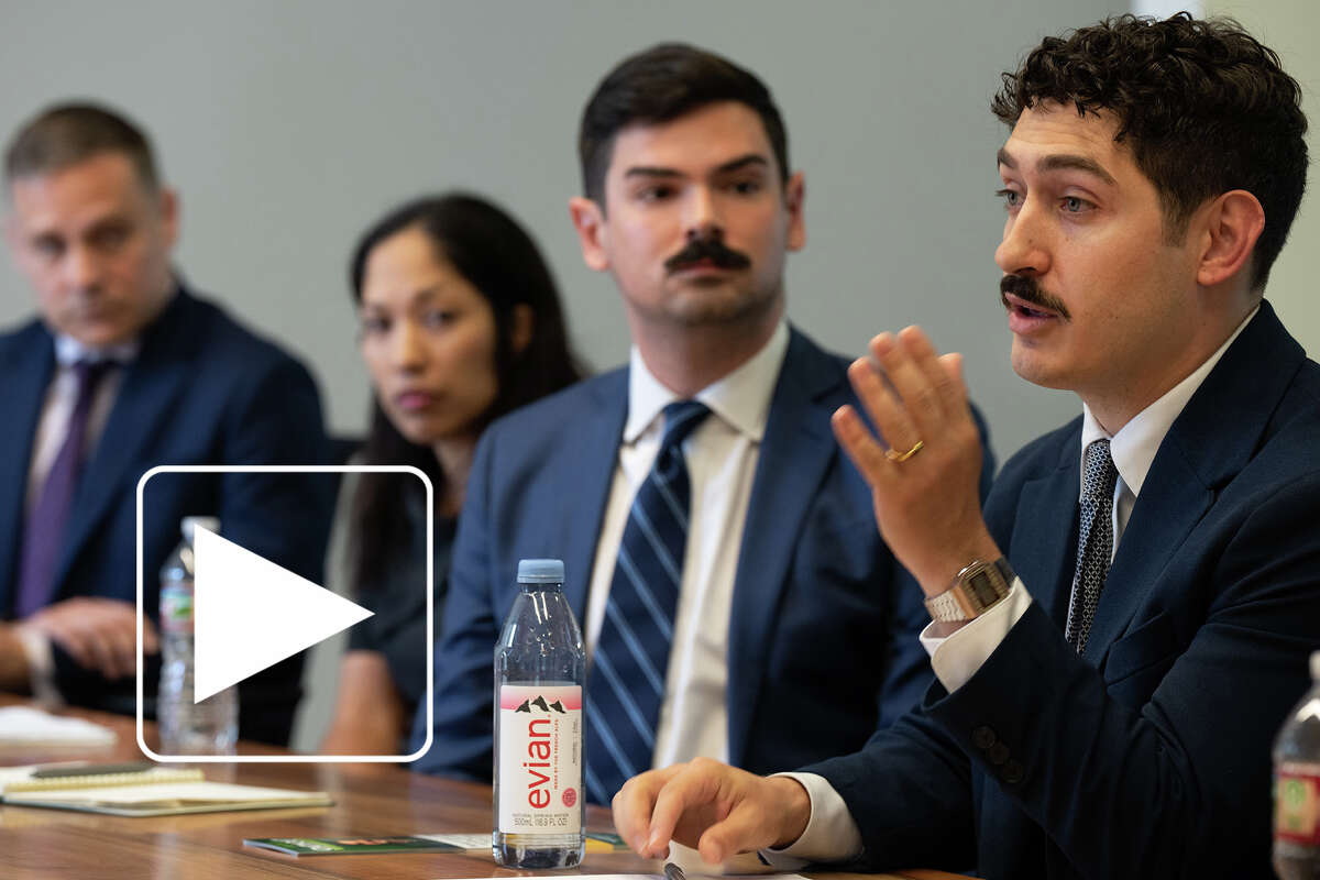 Joe Panzarella, a 31-year-old community organizer, speaks during a panel screening for Houston City Council District C with the Houston Chronicle Editorial Board on March 9, 2026. Residents in Houston's Montrose, Meyerland, the Heights and surrounding neighborhoods will elect a new city council member for District C on April 4, 2026. Seven candidates have lined up for a chance to take Abbie Kamin's place.