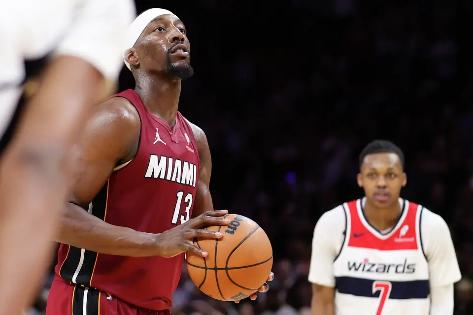 The Miami Heat's Bam Adebayo (13) attempts a free throw to pass Kobe Bryant for the second-most points scored in an NBA game, during the fourth quarter against the Washington Wizards at Kaseya Center on March 10, 2026, in Miami. (Megan Briggs/Getty Images/TNS)