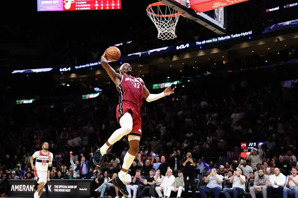 The Miami Heat's Bam Adebayo (13) dunks against the Washington Wizards during the third quarter at Kaseya Center on Tuesday, March 10, 2026, in Miami. (Megan Briggs/Getty Images/TNS)