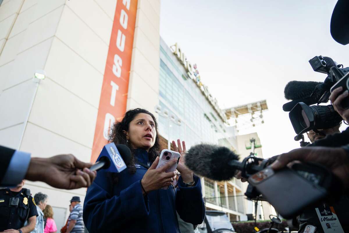 Harris County Judge Lina Hidalgo speaks to the media outside NRG Stadium after reviewing security footage following an incident during Tuesday's sold-out concert at the venue in Houston, Thursday, March 12, 2026. Hidalgo was removed from the venue after attempting to access the dirt floor to the show, which she did not have proper tickets or credentialing for. The Houston Livestock Show and Rodeo board voted to revoke Judge Lina Hidalgo's ex officio title amid an ongoing feud.
