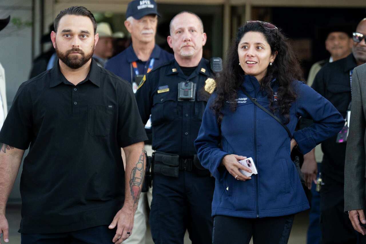 Harris County Judge Lina Hidalgo leaves NRG Stadium after reviewing security footage following an incident during Tuesday's sold-out concert at the venue in Houston, Thursday, March 12, 2026. Hidalgo was removed from the venue after attempting to access the dirt floor to the show, which she did not have proper tickets or credentialing for. The Houston Livestock Show and Rodeo board voted to revoke Judge Lina Hidalgo's ex officio title amid an ongoing feud.