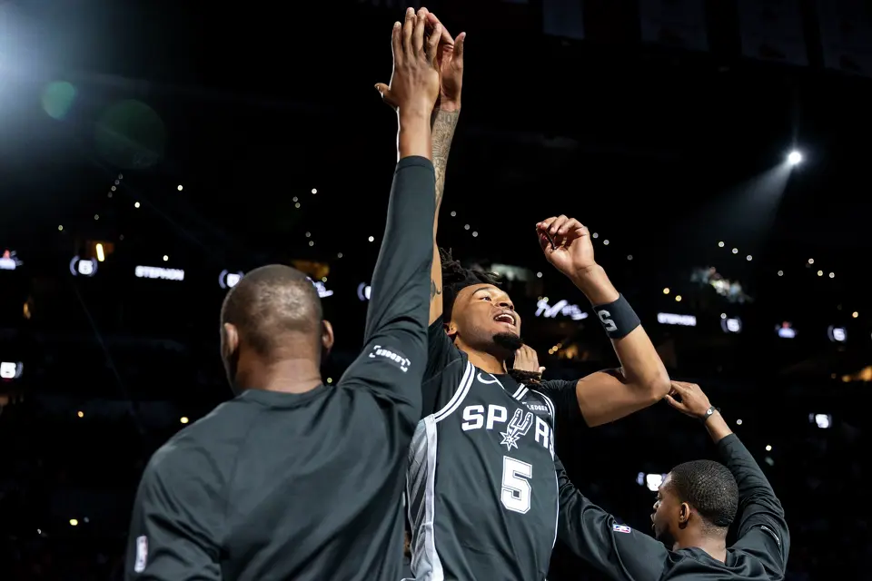 San Antonio Spurs guard Stephon Castle (5) is introduced in the lineup at Frost Bank Center in San Antonio on Thursday, March 12, 2026.