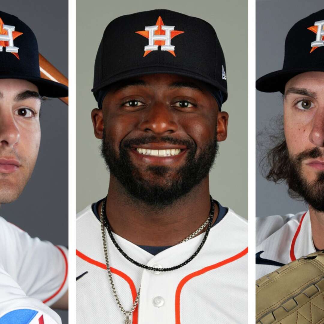 Joey Loperfido (left), Taylor Trammell (center) and Ryan Weiss (right) are some of the Houston Astros players who have played well in spring training as they try to make the 2026 opening day roster.