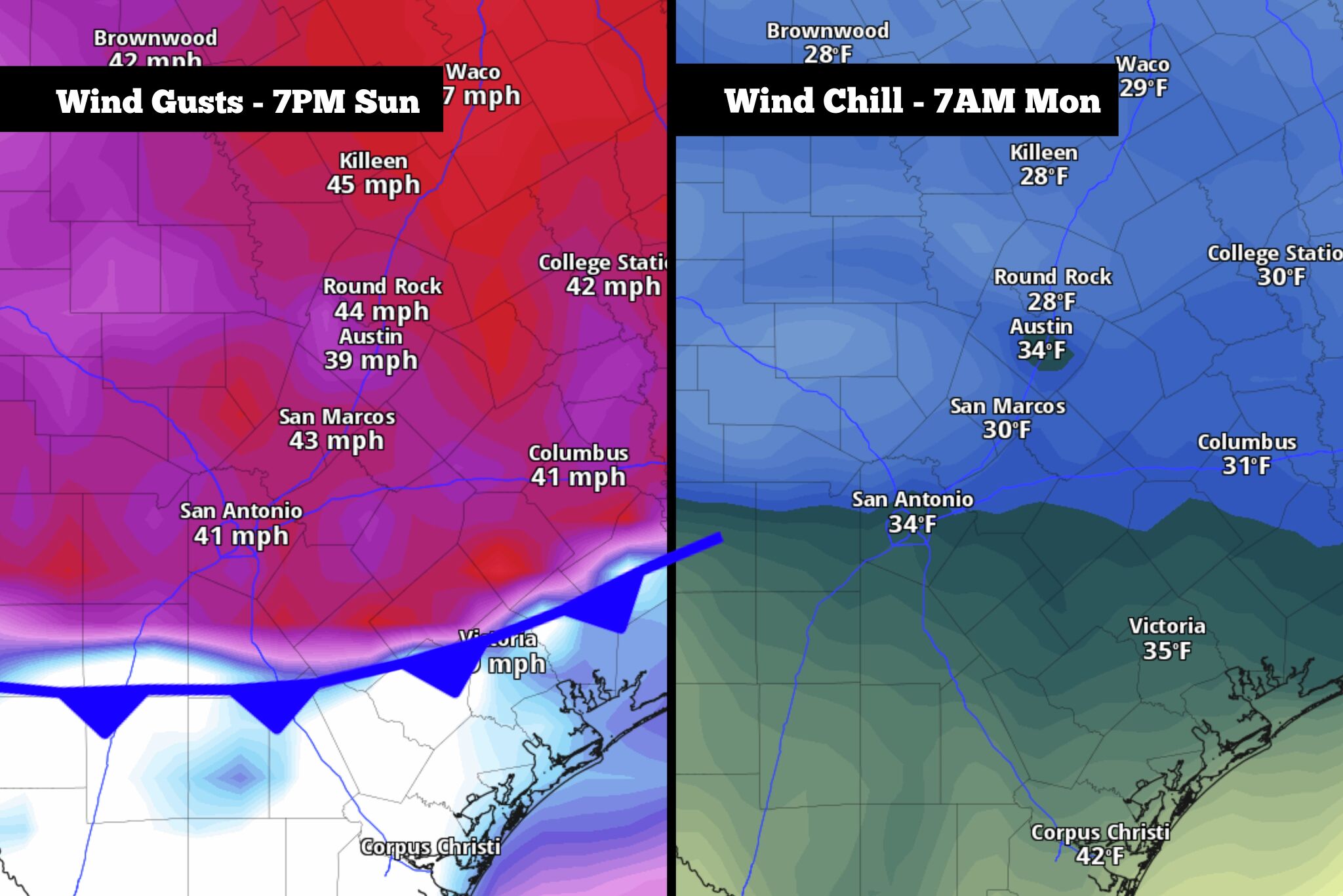 Cold front hits tonight: South Texas braces for 50-degree plunge