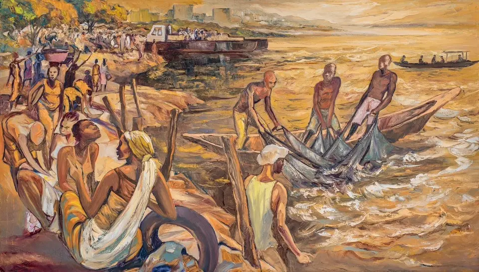 This painting by Munganga Kituku, one of the students at the school in the Congo that Bismack Biyombo co-founded and funds, hangs at the Spurs center's home and inspires him daily.