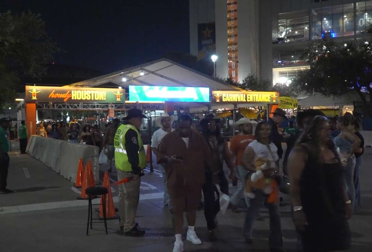 Crowds exit the Houston Livestock Show and Rodeo on Saturday, March 14, 2026.