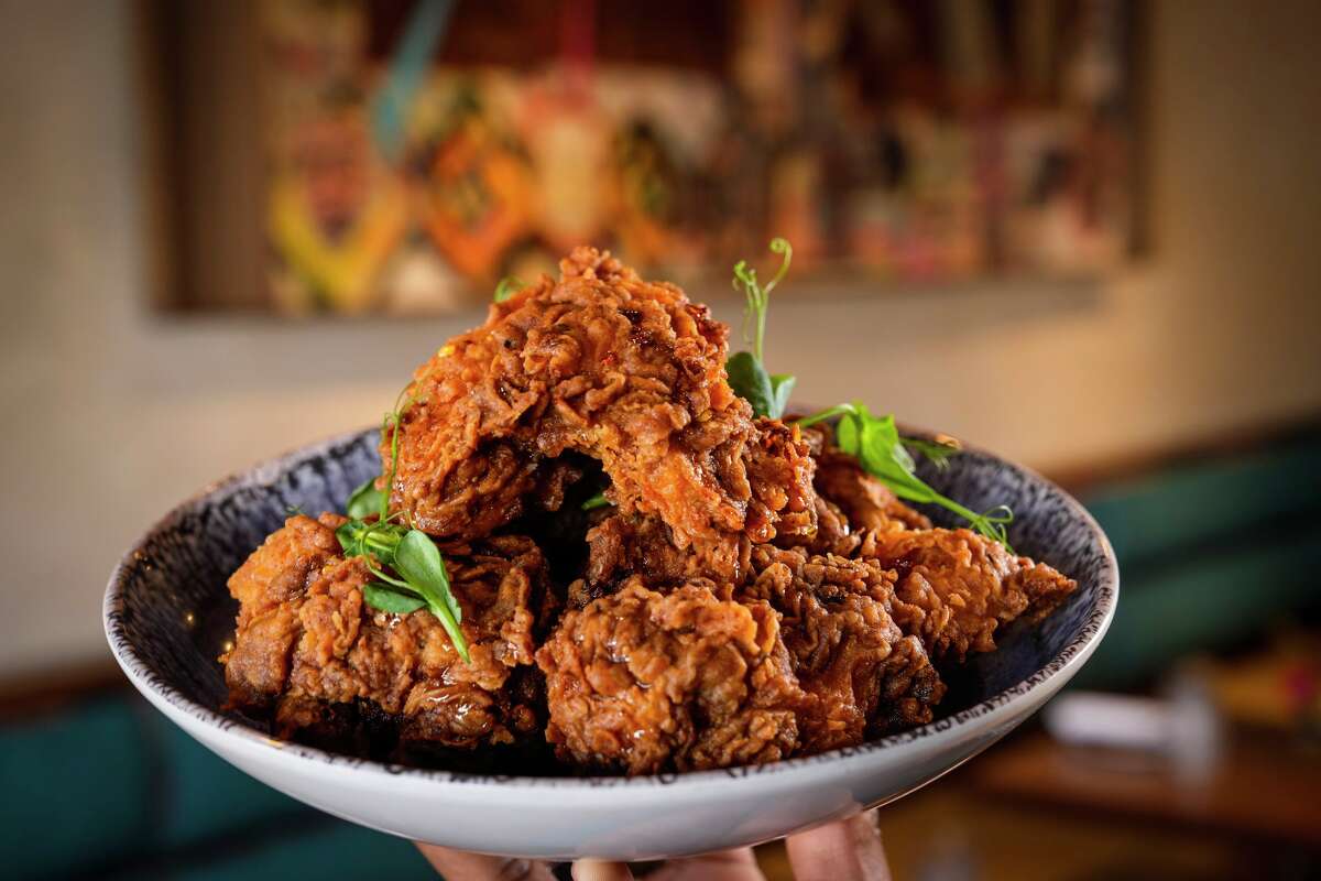 Fried chicken is shown at Late August in Houston, Monday, March 16, 2026. Late August explores the African-American and Mexican culinary heritage of Chef's Chris Williams and Sergio Hidalgo, at ION District in the former Sears building.